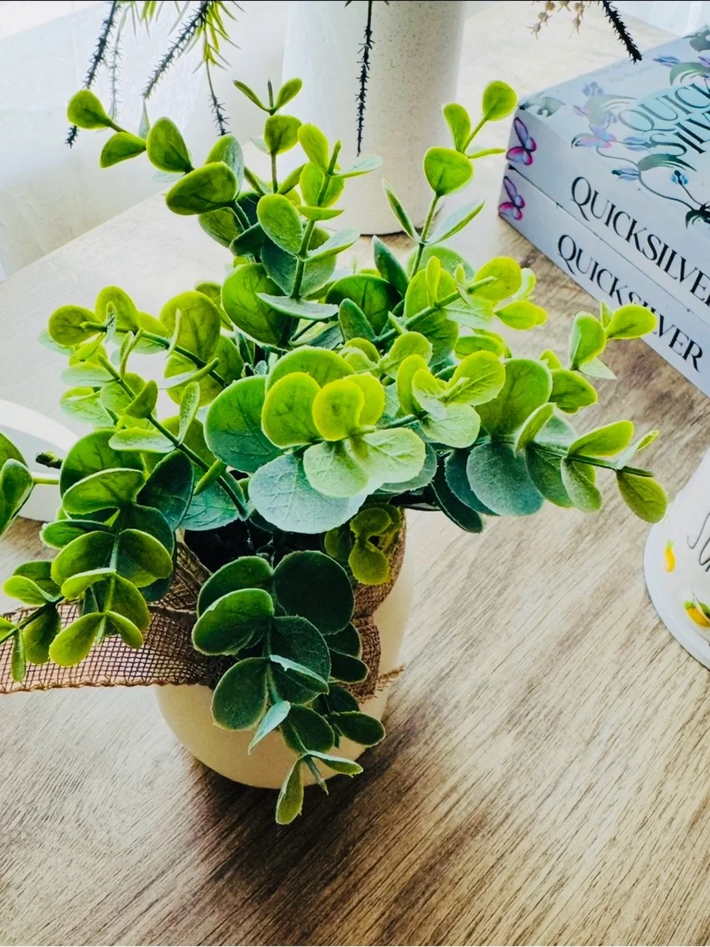 Don’t Buy Please! Thank You! Green Faux Eucalyptus Plant in Cream Ceramic Pot